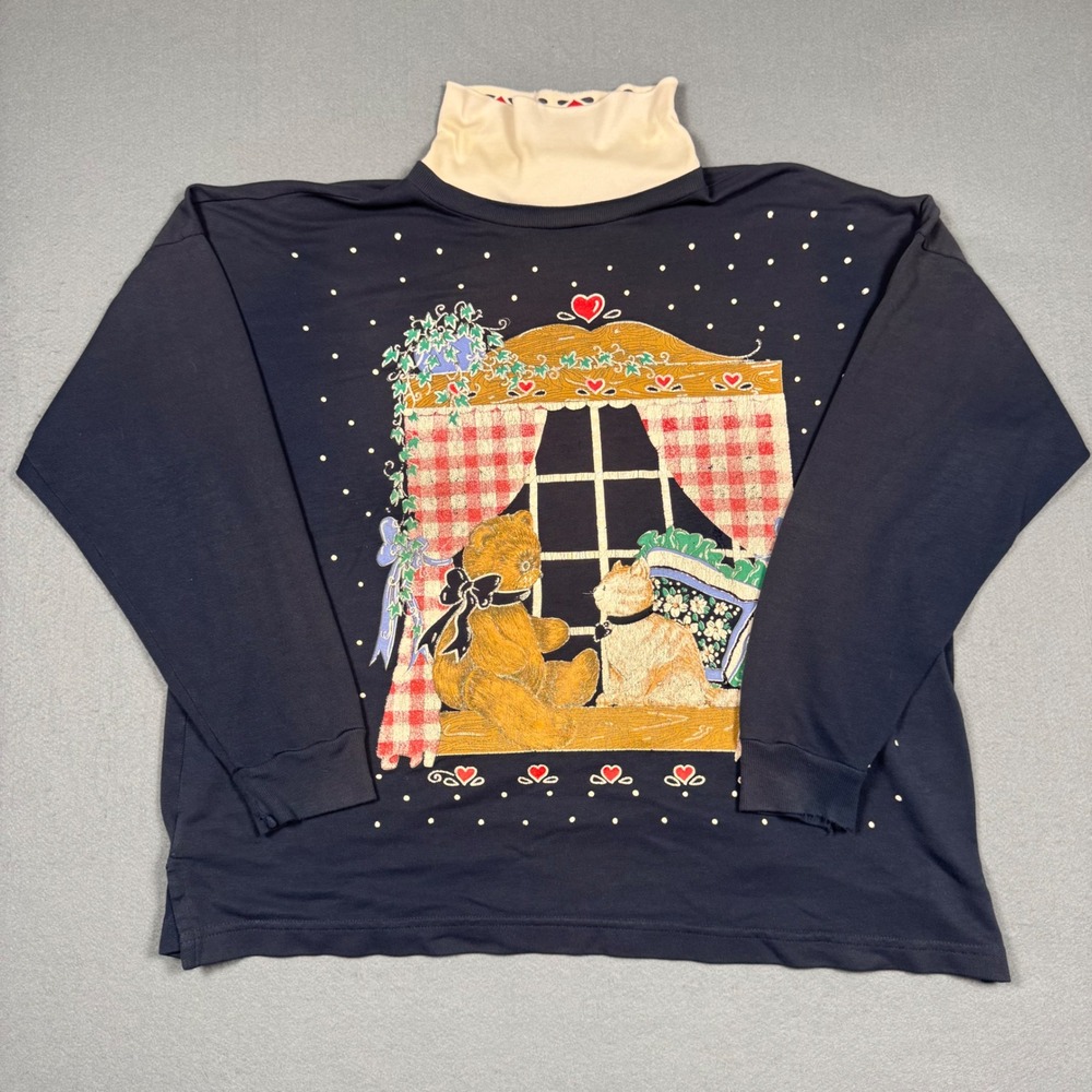 Vintage Graphic Mock Neck Top Women XL Navy Blue Teddy Bear Cat Polka Dot Hearts